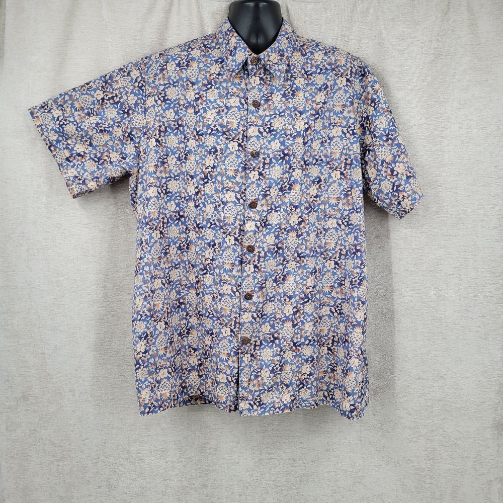 Hilo Hattie Vintage Floral Blue Cream and Brown Men's Hawaiian Button Up Shirt - Picture 3 of 11